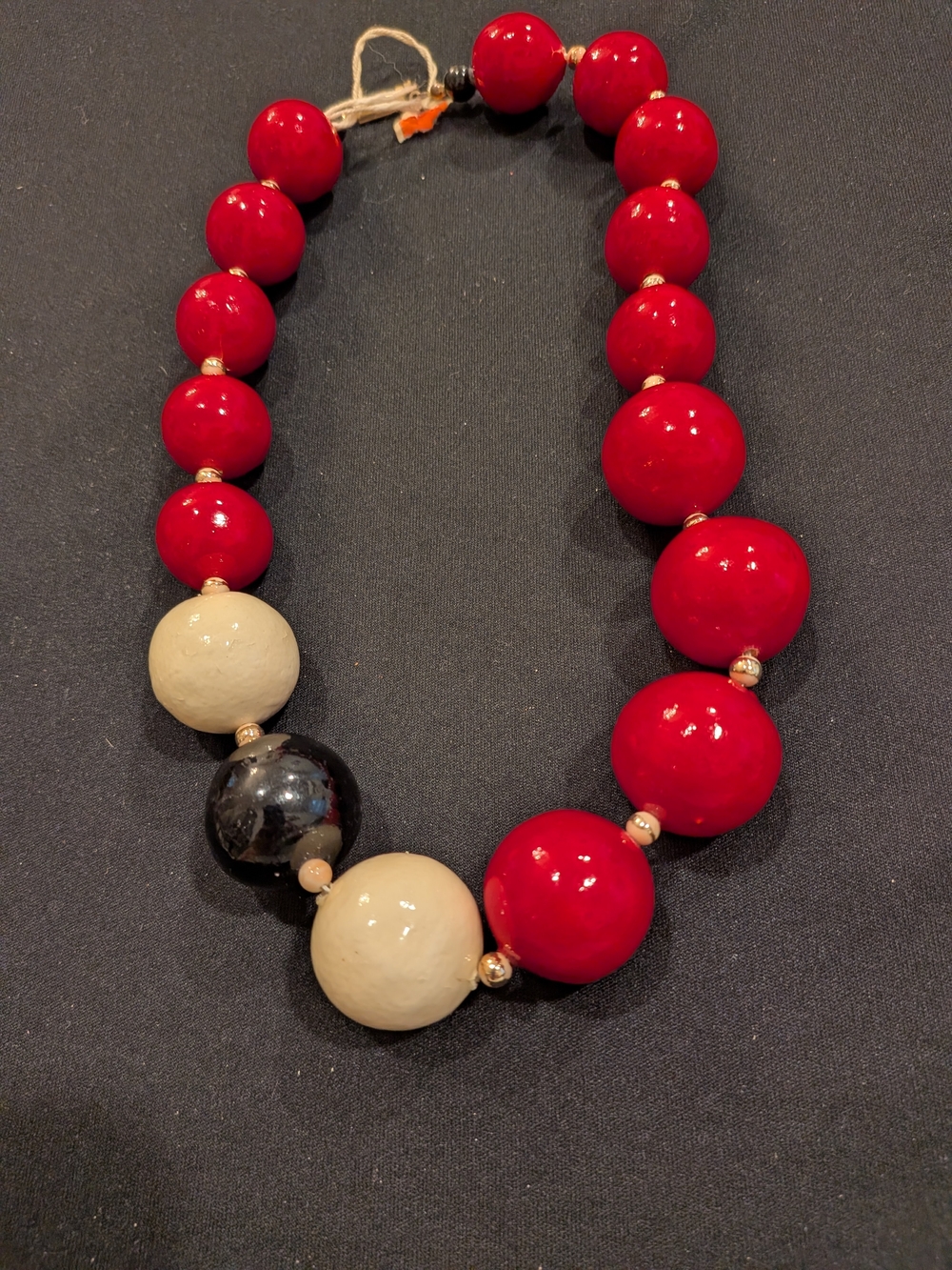 Bold Red Statement Bead Necklace with Cream and Black Accents